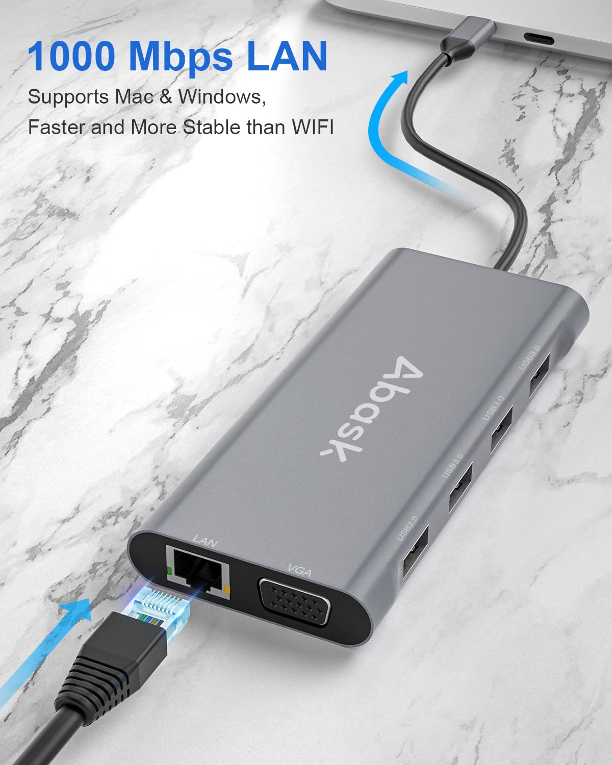 Hub adaptor USB C 11 in 1 Abask, cu 2 HDMI 4K, VGA, RJ45, 4 porturi USB, SD/micro SD, putere incarcare 100W