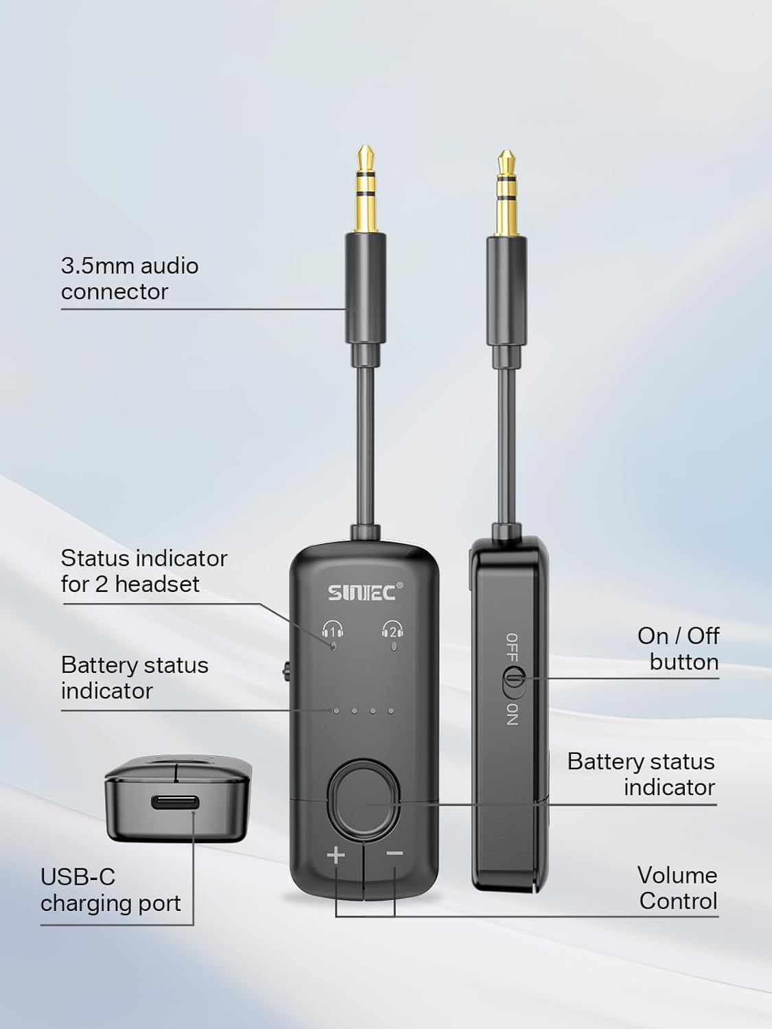 Adaptor transmitator AirFly cu Bluetooth, Dual Link, wireless, accepta 2 casti sau mufa AirPods, cu AUX 3.5 mm, latenta scazuta aptX, portabil, pentru TV, avion, masina (negru)