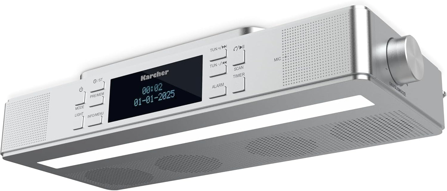 Radio de bucatarie, FM/DAB+, Bluetooth, iluminare LED integrata, ceas cu alarma si timer, montaj sub dulap, argintiu
