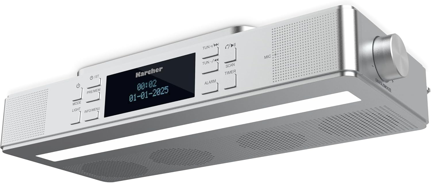 Radio de bucatarie, FM/DAB+, Bluetooth, iluminare LED integrata, ceas cu alarma si timer, montaj sub dulap, argintiu
