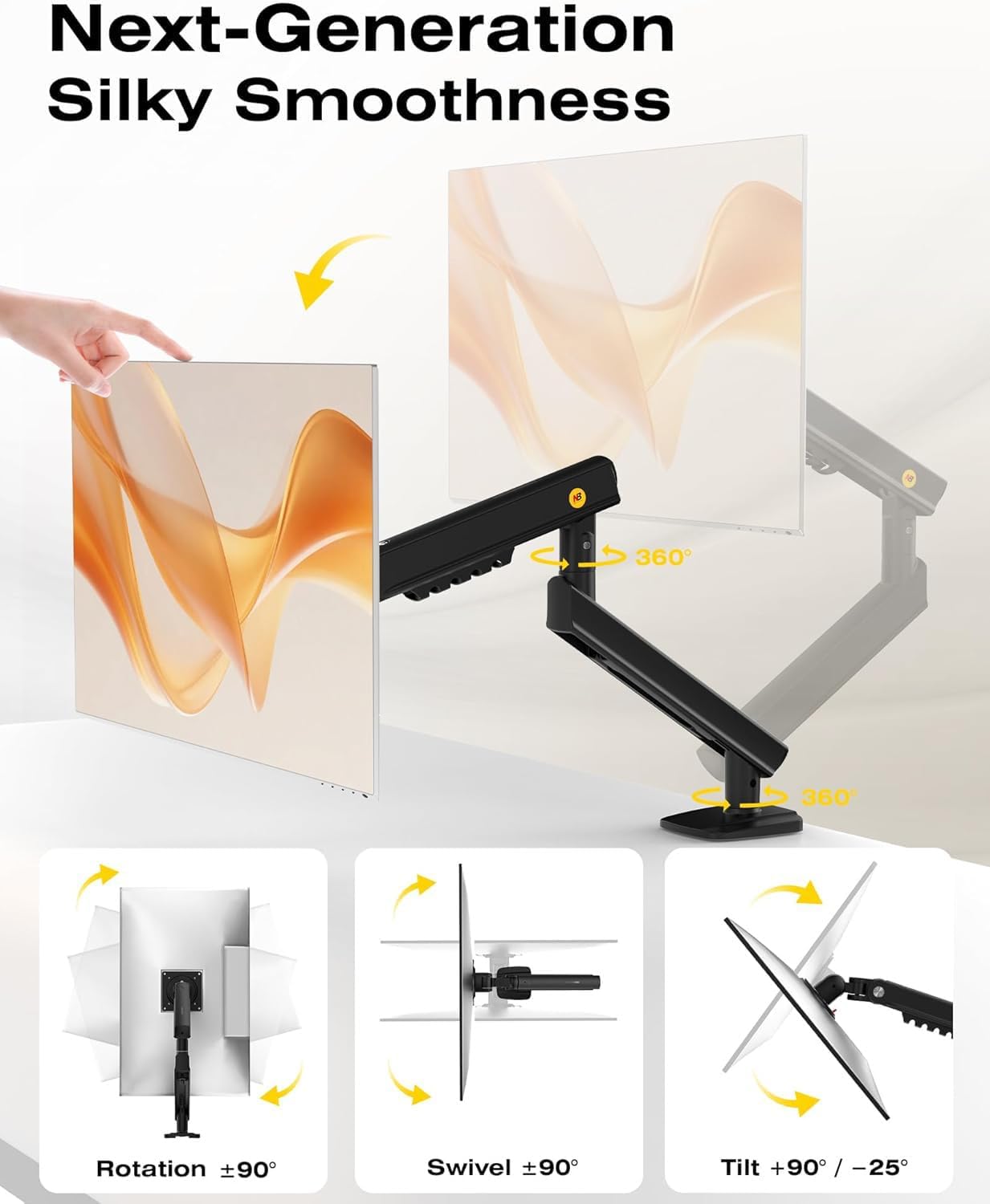 Suport monitor ergonomic brat articulat 17–32 inch – Arc mecanic reglabil, capacitate 9 kg, rotire 360°, inclinare +90°/-25°, ajustare inaltime, VESA 75x75 & 100x100, montare birou tip clema sau grommet, otel aliat, negru