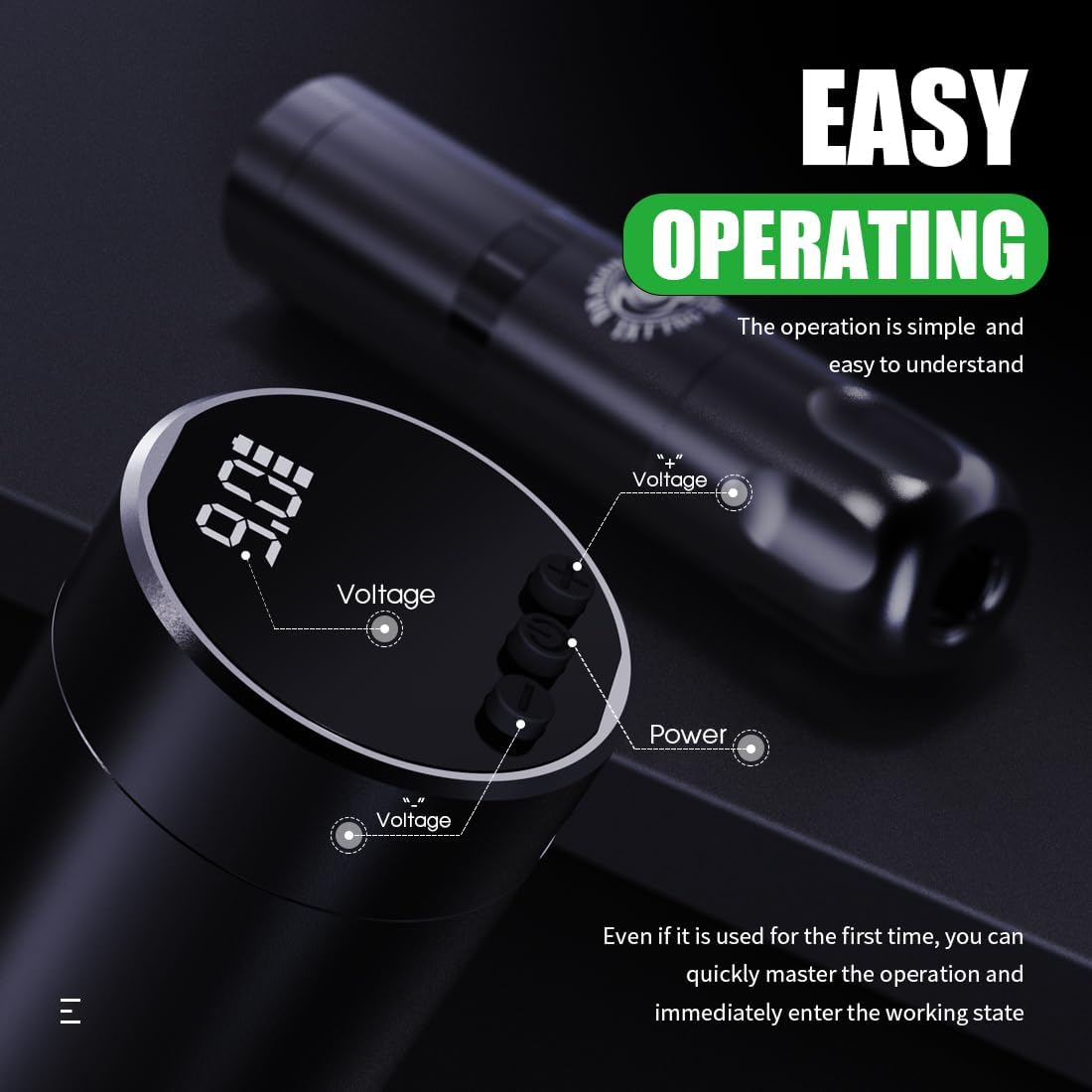 Set aparat de tatuaj wireless, masina rotativa tip stilou, cu 2 acumulatori 1500 mAh, cu incarcare USB C, display LCD ace tip cartus, 10 ml tus de tatuat, piele artificiala si cupe pentru cerneala in cutie dura pentru depozitare si transport