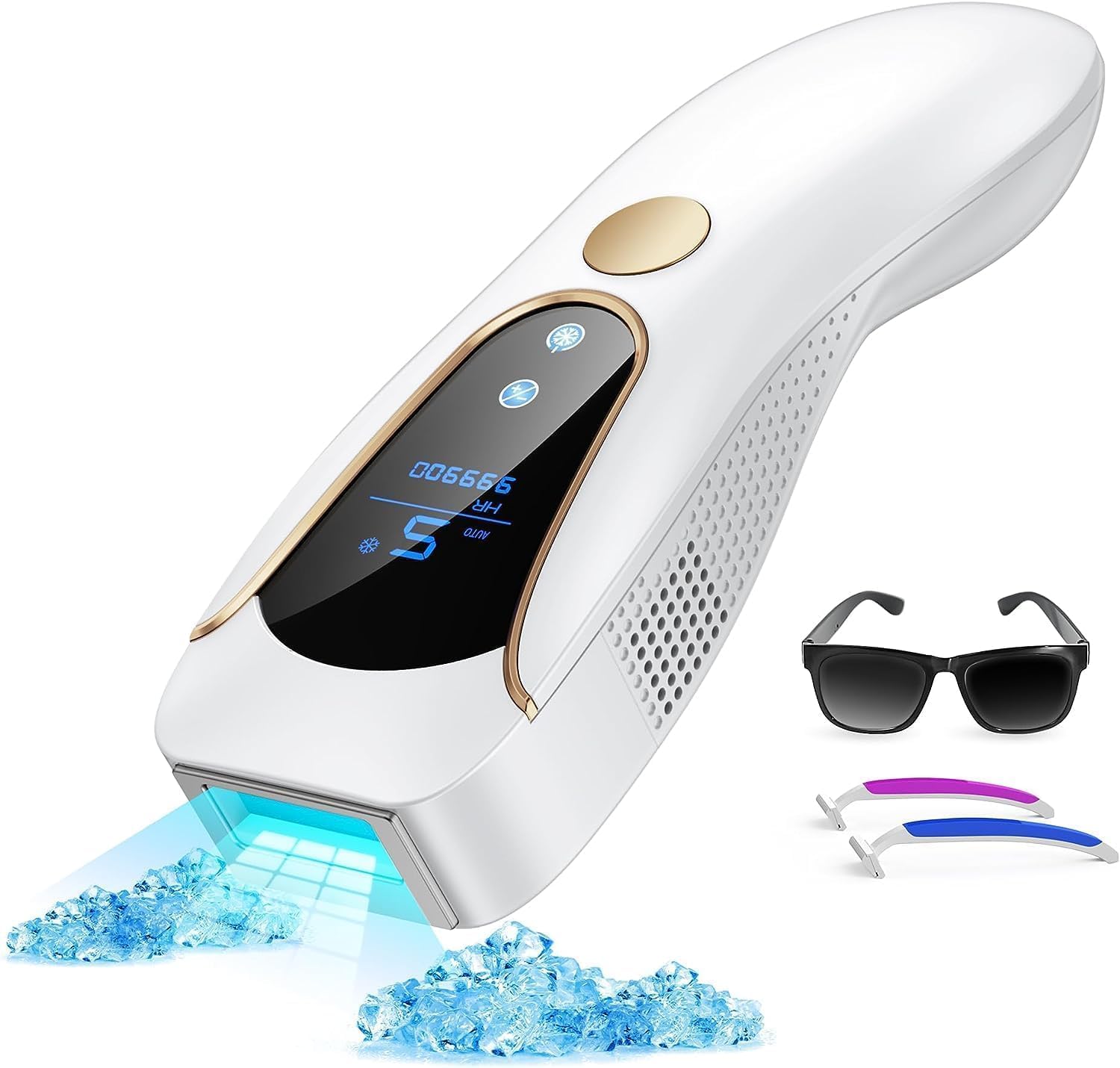 Epilator IPL cu functie de racire dubla, 999.900 de impulsuri luminoase, 3 functii avansate HR, SC, RA, display LED, touchscreen, mod manual si automat cu 9 niveluri de intensitate, pentru corp, fata, axila, inghinal, AMINZER