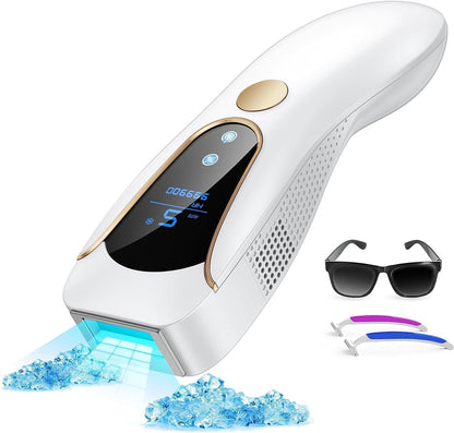 Epilator IPL cu functie de racire dubla, 999.900 de impulsuri luminoase, 3 functii avansate HR, SC, RA, display LED, touchscreen, mod manual si automat cu 9 niveluri de intensitate, pentru corp, fata, axila, inghinal, AMINZER