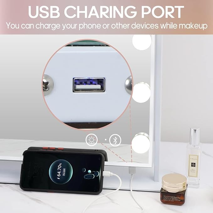 Oglinda cosmetica cu difuzor Bluetooth, oglinda machiaj cu lumini LED dimabile, temperatura reglabila rece-naturala-calda, butoane cu touch si port USB, rotativa 360°, alba
