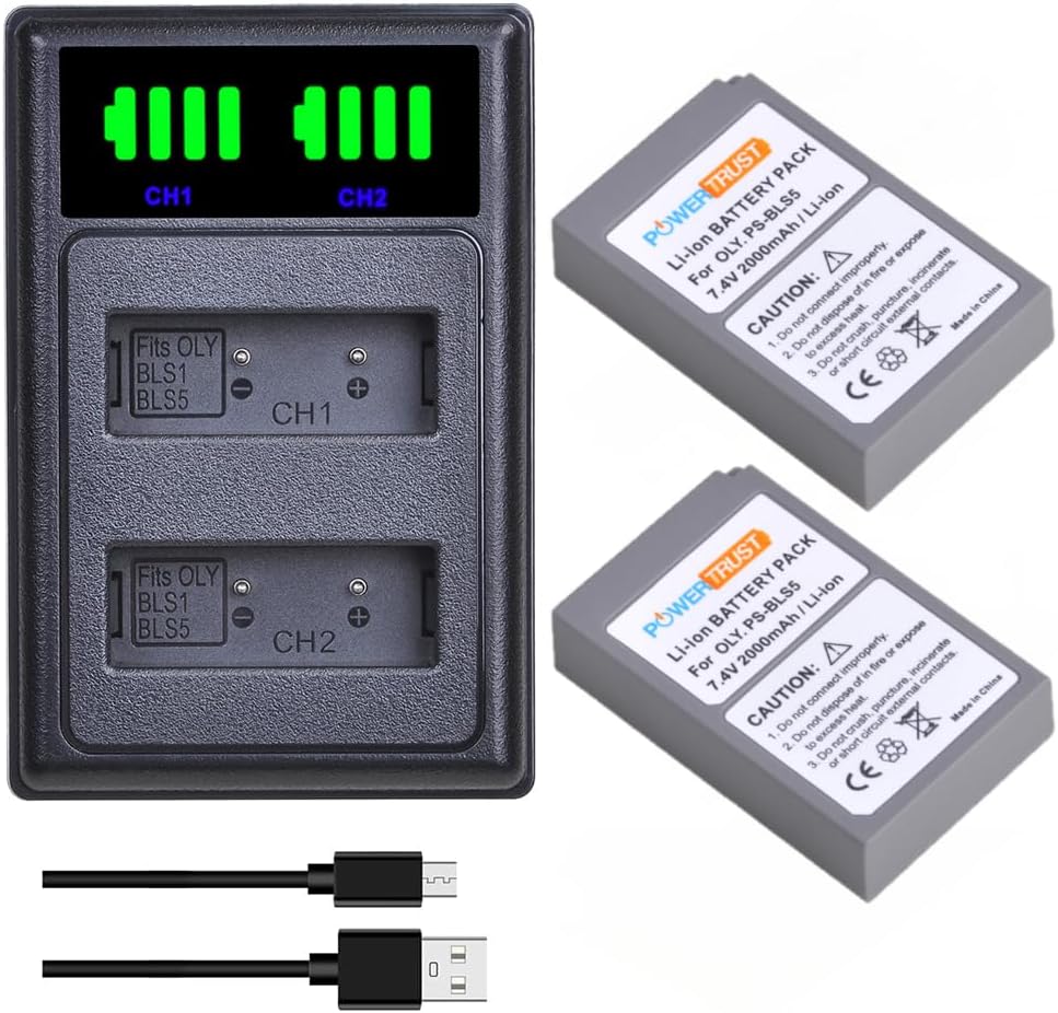 Set de 2 acumulatori BLS-50 BLS-5 2000 mAh si incarcator dual, compatibil cu Olympus Pen E-P7 E-PL10 E-PL9 E-PL8 E-PL7 E-PL6 E-PL5 E-PL3 E-PL1s E-PM2, OM-D E-M5 Mark III III S, Stylus 1