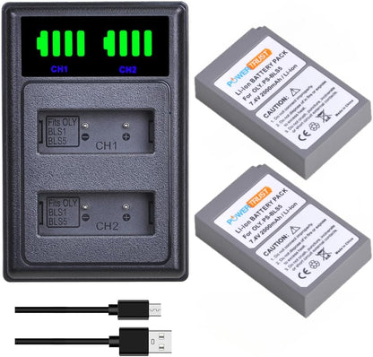 Set de 2 acumulatori BLS-50 BLS-5 2000 mAh si incarcator dual, compatibil cu Olympus Pen E-P7 E-PL10 E-PL9 E-PL8 E-PL7 E-PL6 E-PL5 E-PL3 E-PL1s E-PM2, OM-D E-M5 Mark III III S, Stylus 1