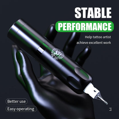 Set aparat de tatuaj wireless, masina rotativa tip stilou, cu 2 acumulatori 1500 mAh, cu incarcare USB C, display LCD ace tip cartus, 10 ml tus de tatuat, piele artificiala si cupe pentru cerneala in cutie dura pentru depozitare si transport