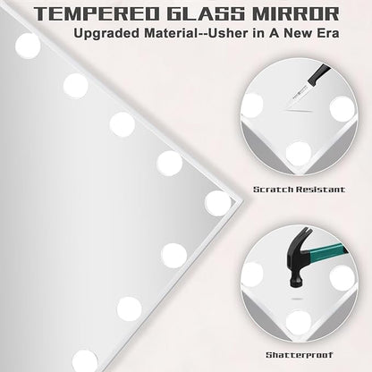 Oglinda cosmetica cu difuzor Bluetooth, oglinda machiaj cu lumini LED dimabile, temperatura reglabila rece-naturala-calda, butoane cu touch si port USB, rotativa 360°, alba
