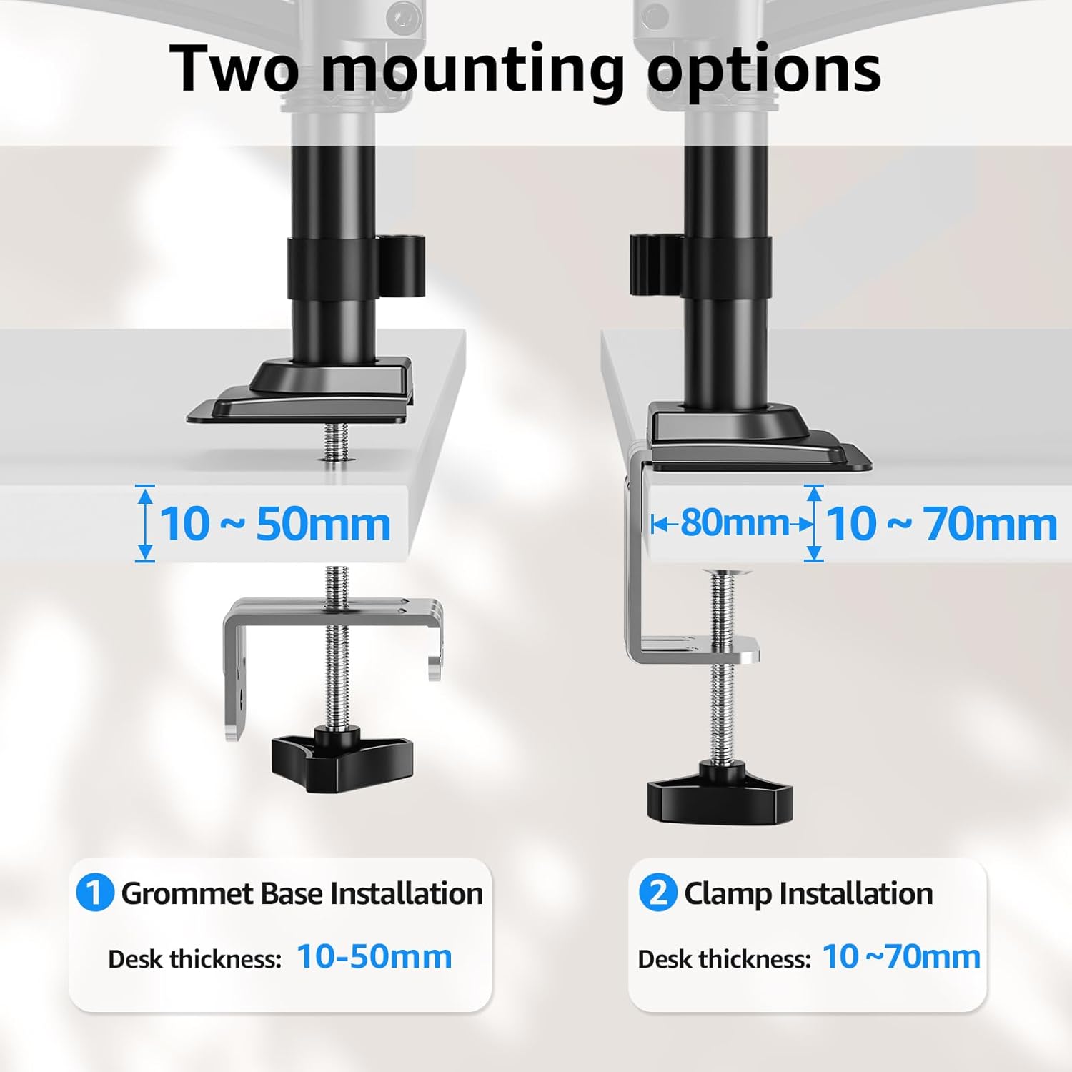 Suport 2 monitoare 26, 6-32 inch, VESA 75/100 mm, greutate suportata pana 10 kg, rotire 360°, inclinare 70°, inaltime reglabila, amortizor cu gaz integrat, prindere prin clema sau inel de montare, negru