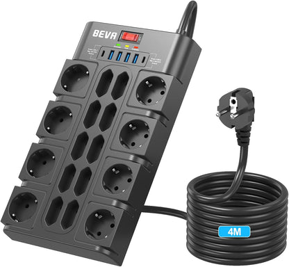 Priza multipla Beva, protectie supratensiune si intrerupator, 18 prize cu USB-C si USB-A, prelungitor 4 m, 3680W/16A, ideal pentru birou si acasa