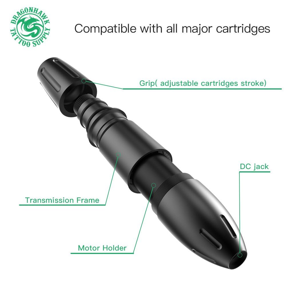 Masina de tatuat rotativa Dragonhawk Mast Pen Space, aluminiu, motor japonez, cursa reglabila 2.8–3.5 mm, ergonomica, compatibila cartuse, 6–9V, model WQ102-2