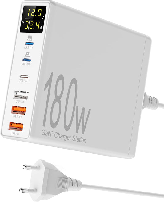 Incarcator retea 180W GaN, cu display LCD, 6 porturi de incarcare, 3 USB-A si 3 USB-C 65W, protectie la supracurent, supraincalzire, supratensiune, pentru MacBook, iPad, iPhone 14/13/12/Pro/Max, Samsung Galaxy S22