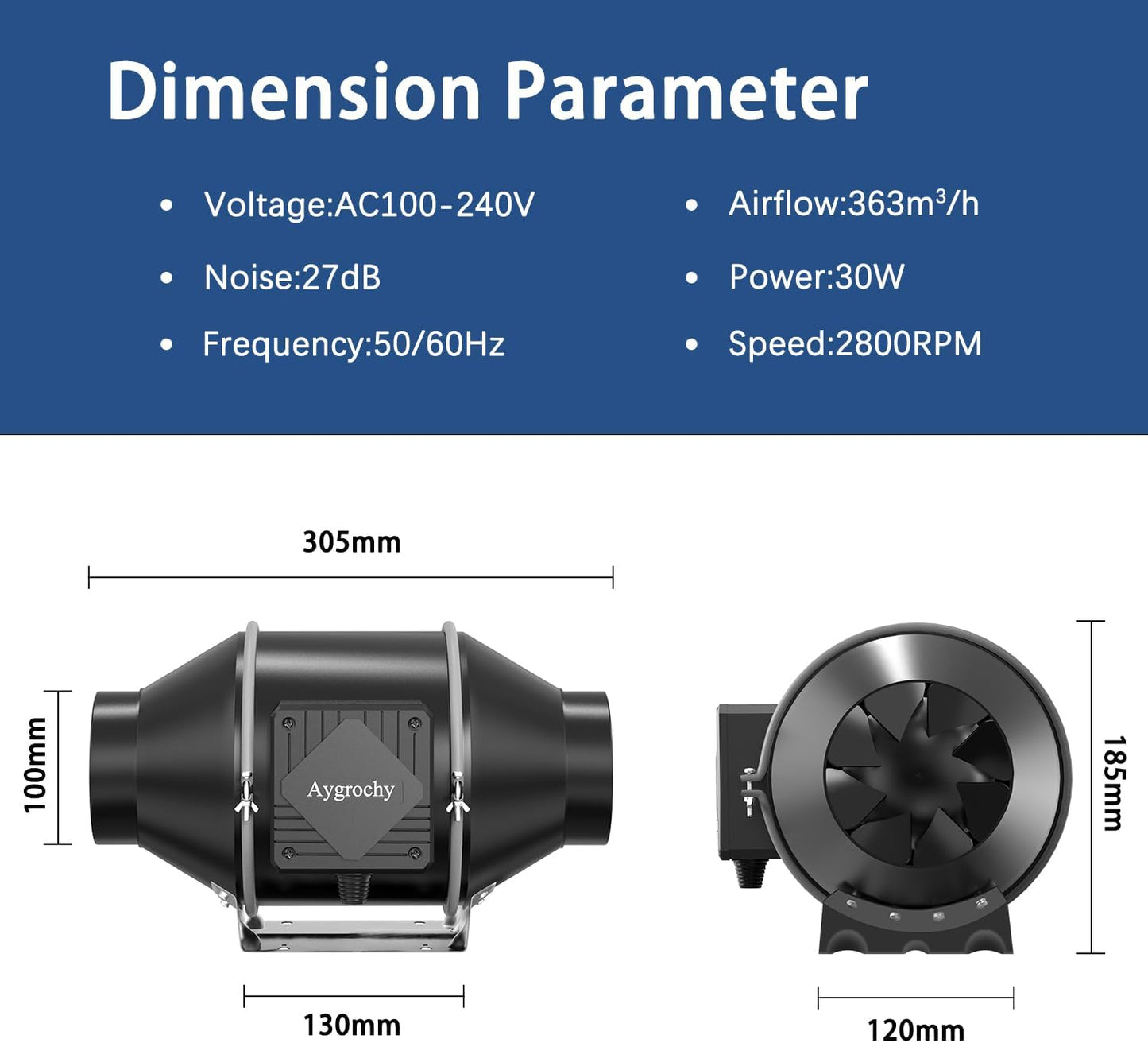 Ventilator evacuare aer 100 mm Aygrochy, clasa energetica A, reglabil, cu regulator de viteza, 363 m³/h, 2800 rpm, 30 W, motor EC, silentios, material ABS, pentru baie, bucatarie, garaj, subsol, corturi de crestere, hidroponie, ventilatie