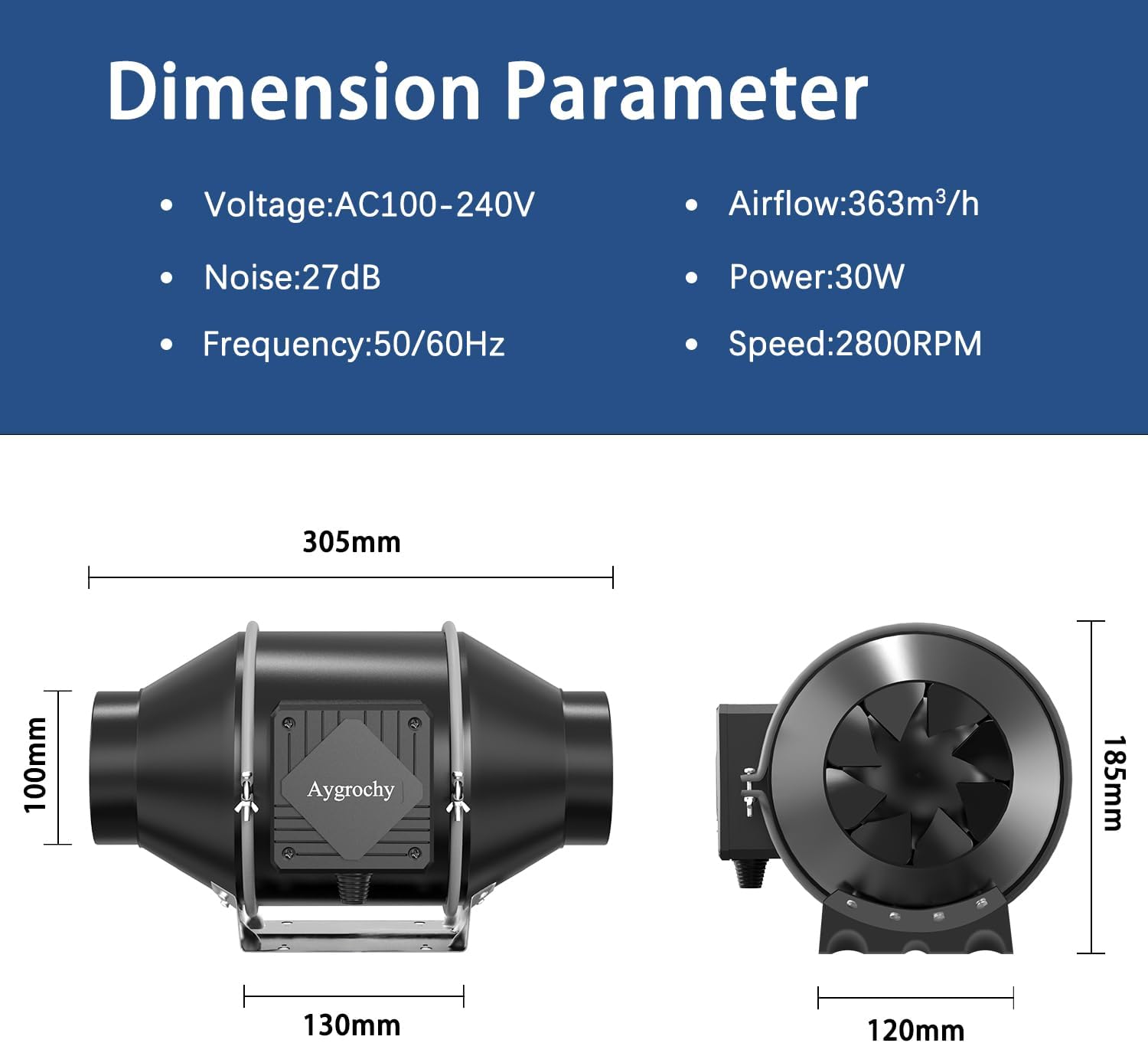 Ventilator evacuare aer 100 mm Aygrochy, clasa energetica A, reglabil, cu regulator de viteza, 363 m³/h, 2800 rpm, 30 W, motor EC, silentios, material ABS, pentru baie, bucatarie, garaj, subsol, corturi de crestere, hidroponie, ventilatie