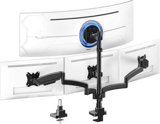 Suport 4 monitoare PUTORSEN pentru birou, 1x49 inch, 3x27 inch, VESA 75 x 100, pentru monitoare plate si curbate, brate reglabile cu arc, inaltime reglabila 80 cm, rotire, inclinare si pivotare, montare cu clema sau grommet