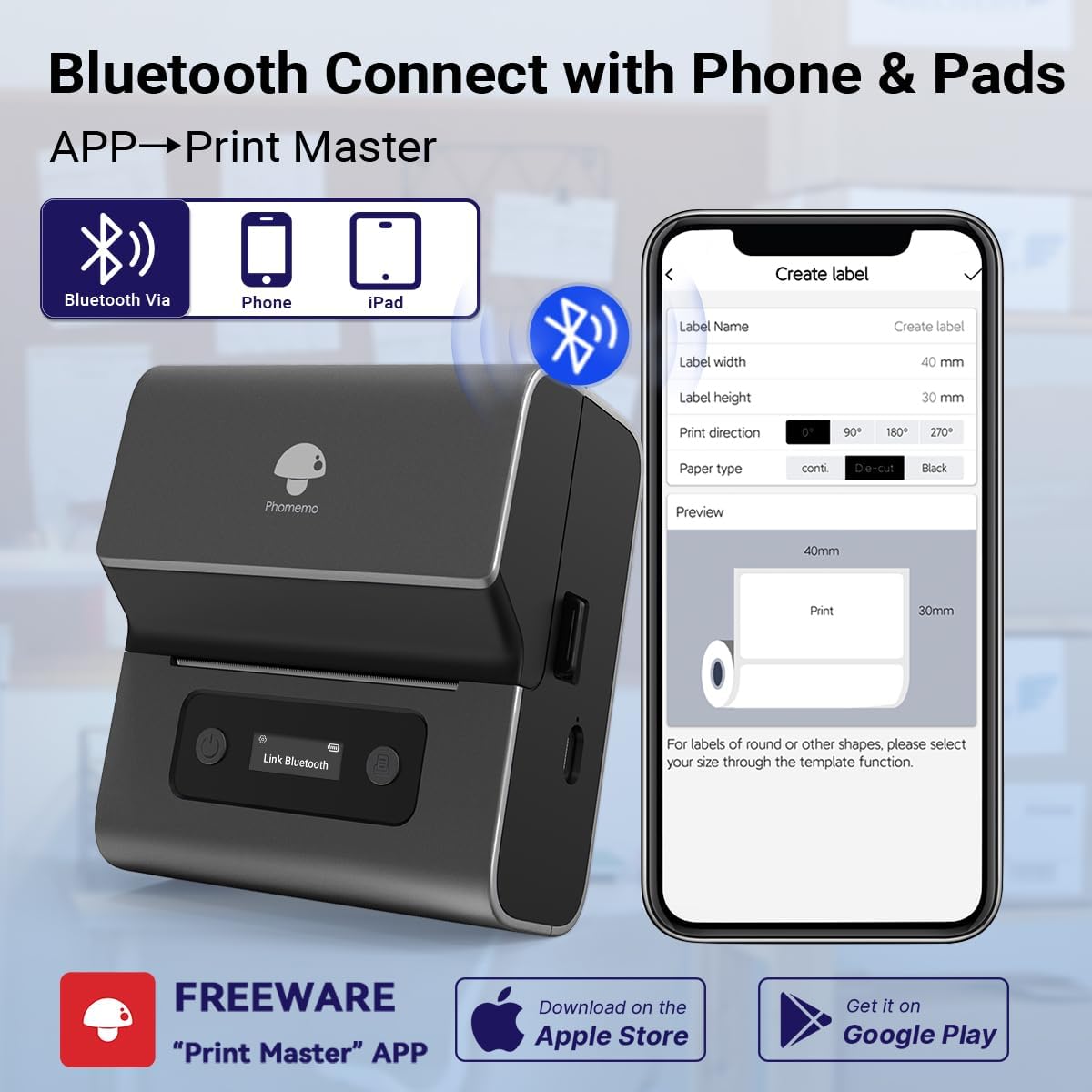 Imprimanta termica de etichete, Bluetooth, portabila, acumulator 2200 mAh, display LCD, viteza de imprimare 50 mm pe secunda, USB Type C, aplicatie dedicata, cu 1 rola etichete 40x30 mm, gri, Phomemo M221