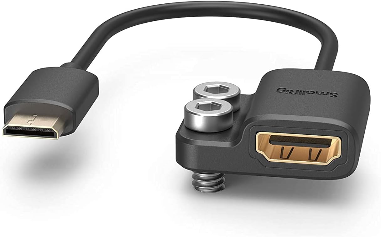 Adaptor de la cablu mini HDMI la HDMI mama, de la C la A, 4K, de 14 cm lungime, cu prindere si suruburi 1/4-20", pentru camere cu port mini HDMI precum Nikon Z6, Z7, D780, Canon EOS RP, 5D Mark IV