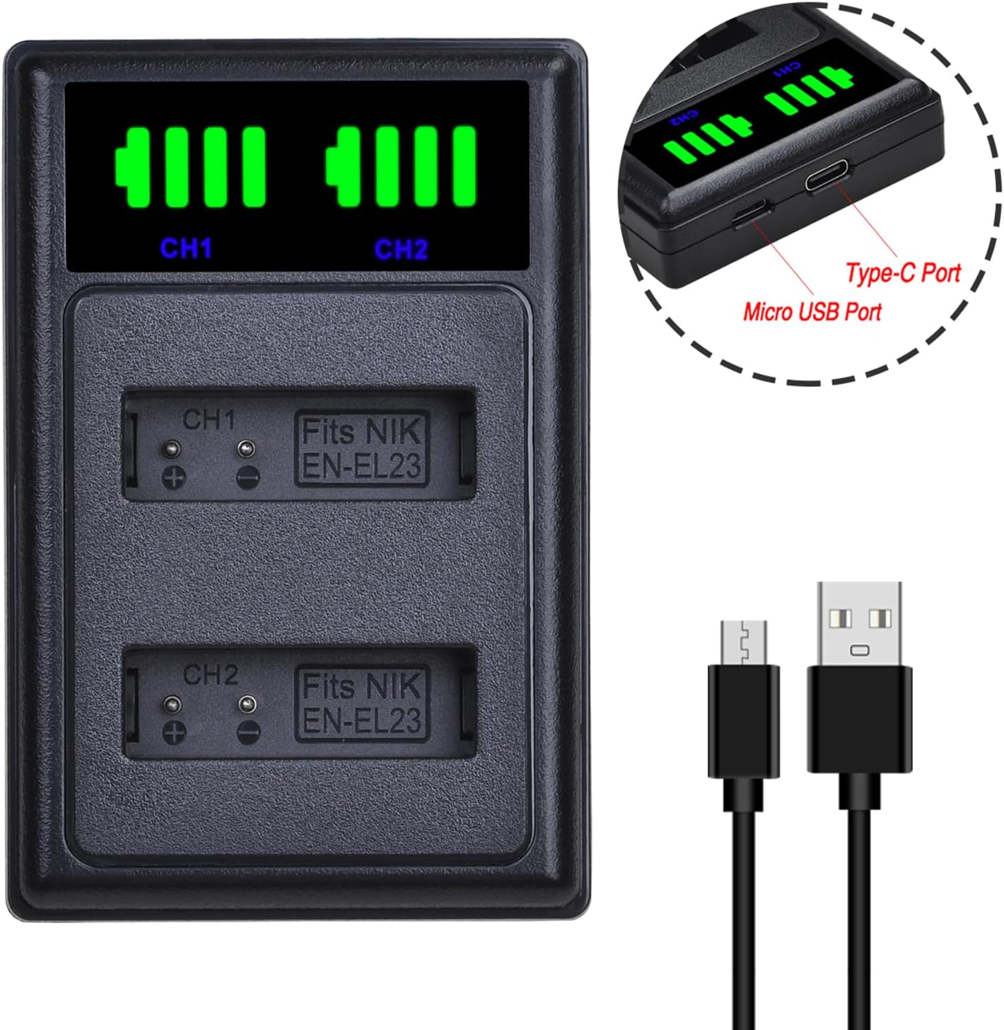 Set de 2 acumulatori EN-EL23 1850 mAh si incarcator dual, compatibil cu Nikon Coolpix P900 P600 P610 P610s P900s S810c B700