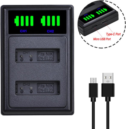 Set de 2 acumulatori EN-EL23 1850 mAh si incarcator dual, compatibil cu Nikon Coolpix P900 P600 P610 P610s P900s S810c B700