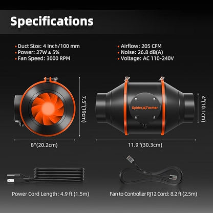 Kit ventilator evacuare aer 100 mm smart, WiFi, control aplicatie, 27 W, filtru de carbon RC412, 26,8 dB, cu control al temperaturii si umiditatii, pentru cort de crestere si agricultura verticala