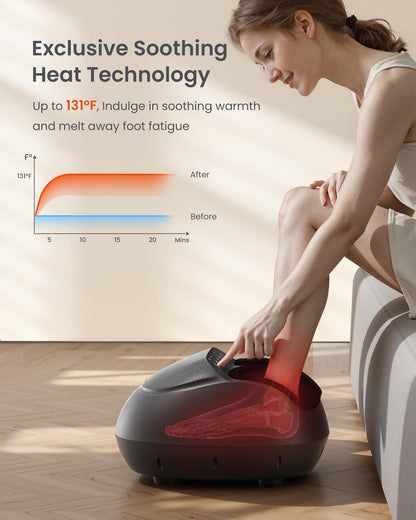 Aparat de masaj pentru picioare RENPHO, Shiatsu cu role, compresie cu aer, incalzire infrarosu, 3 niveluri intensitate masaj si presiune, design ergonomic, husa detasabila si lavabila, potrivit pana la marimea 46, pentru relaxare