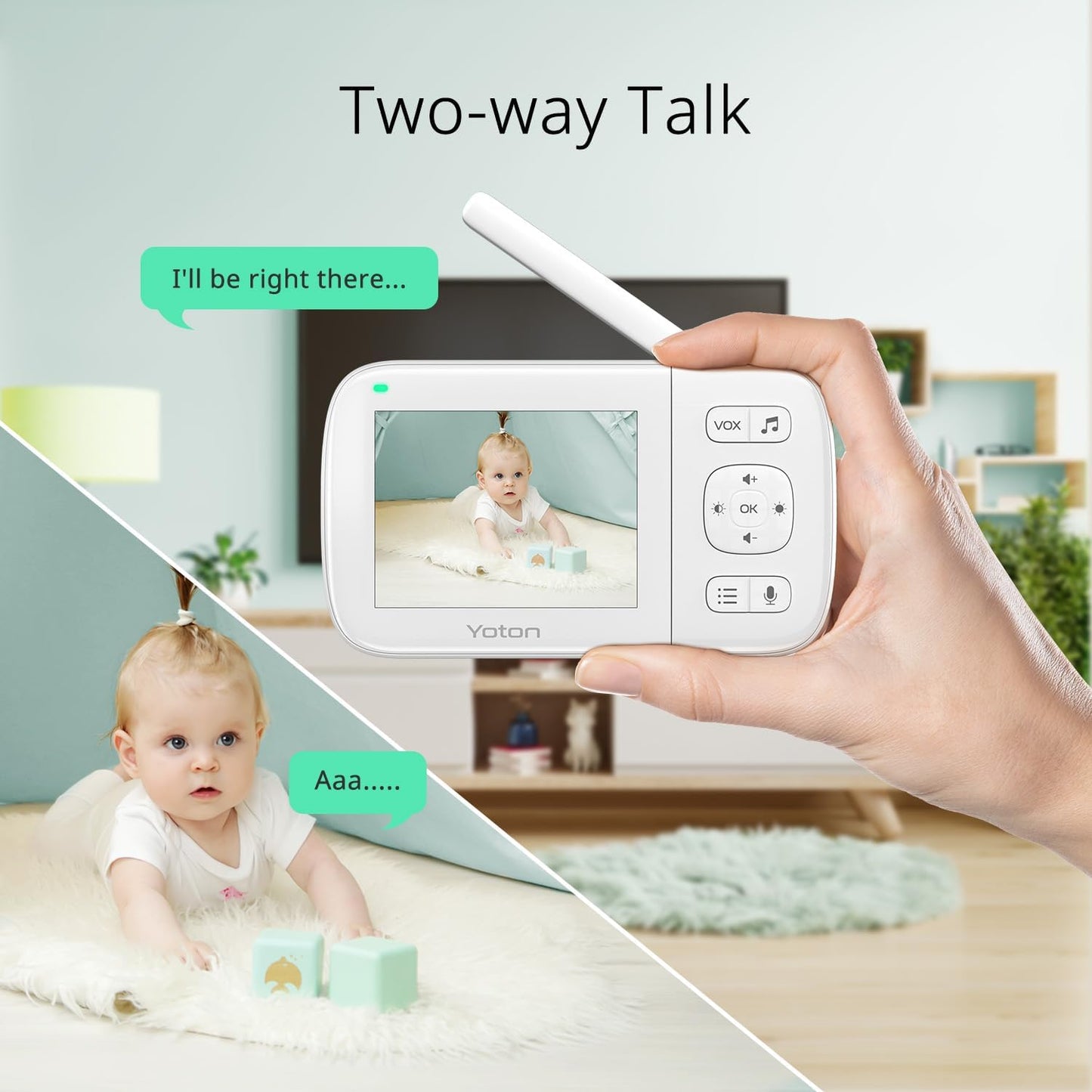 Set baby monitor Wireless, cu camera, afisaj 3.5 inch, acumulator 1200 mAh, mod VOX, nightvision, alarma, comunicare bidirectionala, monitorizare temperaturii, 8 cantece de leagan, monitorizare bebelus, alb