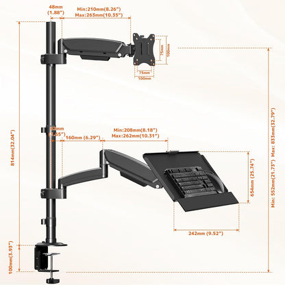 Suport monitor cu raft pentru tastatură - pentru suport monitor cu arc pe gaz de 17-32 inch, până la 9 kg,