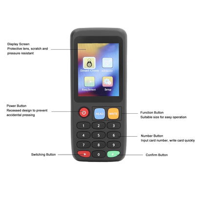 Set copiator si cititor RFID, NFC, 1 x Adaptor OTG, cu 5 x carduri, 5 x Breloc UID programabile, cu 7 frecvente programabile, 13,56 MHz, 125 KHz, 175 KHz, 250 KHz, 300 KHz, 375 KHz, 500 KHz, ecran LCD, negru