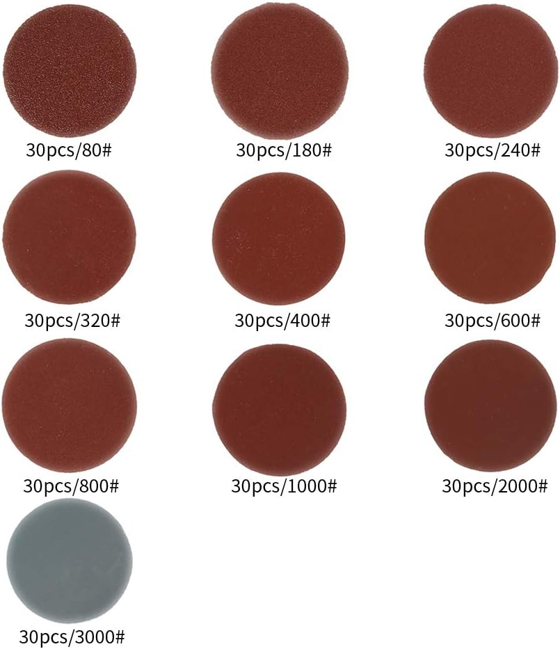 Set 300 de discuri pentru slefuit, cu suport disc abraziv 50mm, granulatie de 80/180/240/320/400/600/800/1000/2000/3000, din oxid de aluminiu, smirghel pentru slefuit lemn, metal, plastic, pietre si sticla, rosu