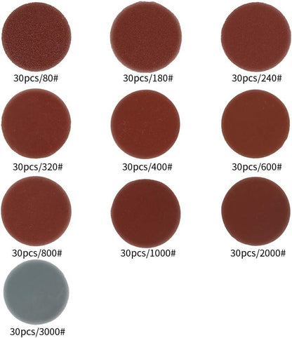 Set 300 de discuri pentru slefuit, cu suport disc abraziv 50mm, granulatie de 80/180/240/320/400/600/800/1000/2000/3000, din oxid de aluminiu, smirghel pentru slefuit lemn, metal, plastic, pietre si sticla, rosu