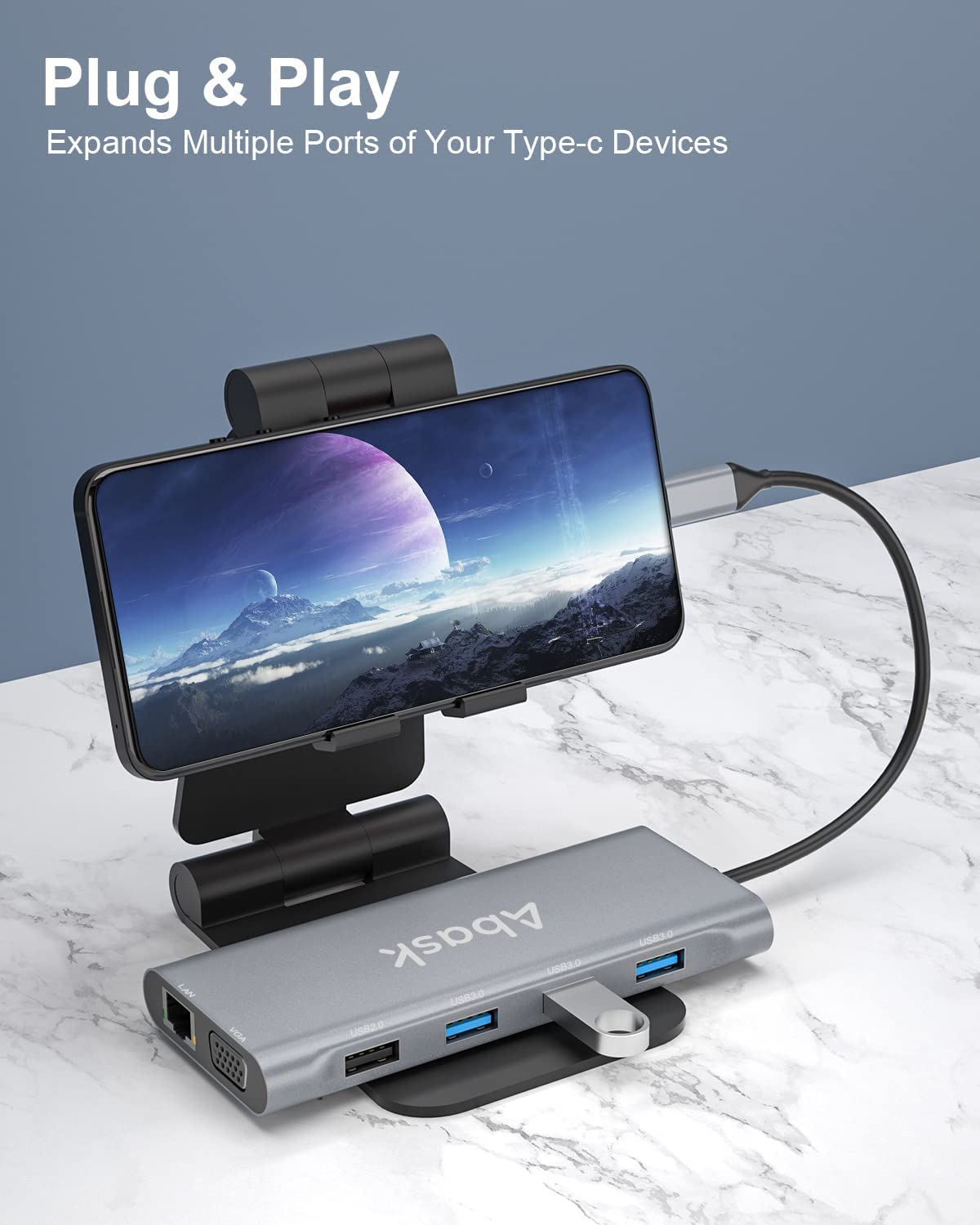Hub adaptor USB C 11 in 1 Abask, cu 2 HDMI 4K, VGA, RJ45, 4 porturi USB, SD/micro SD, putere incarcare 100W