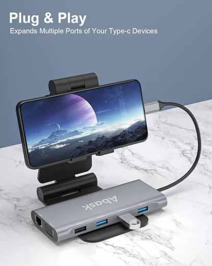 Hub adaptor USB C 11 in 1 Abask, cu 2 HDMI 4K, VGA, RJ45, 4 porturi USB, SD/micro SD, putere incarcare 100W