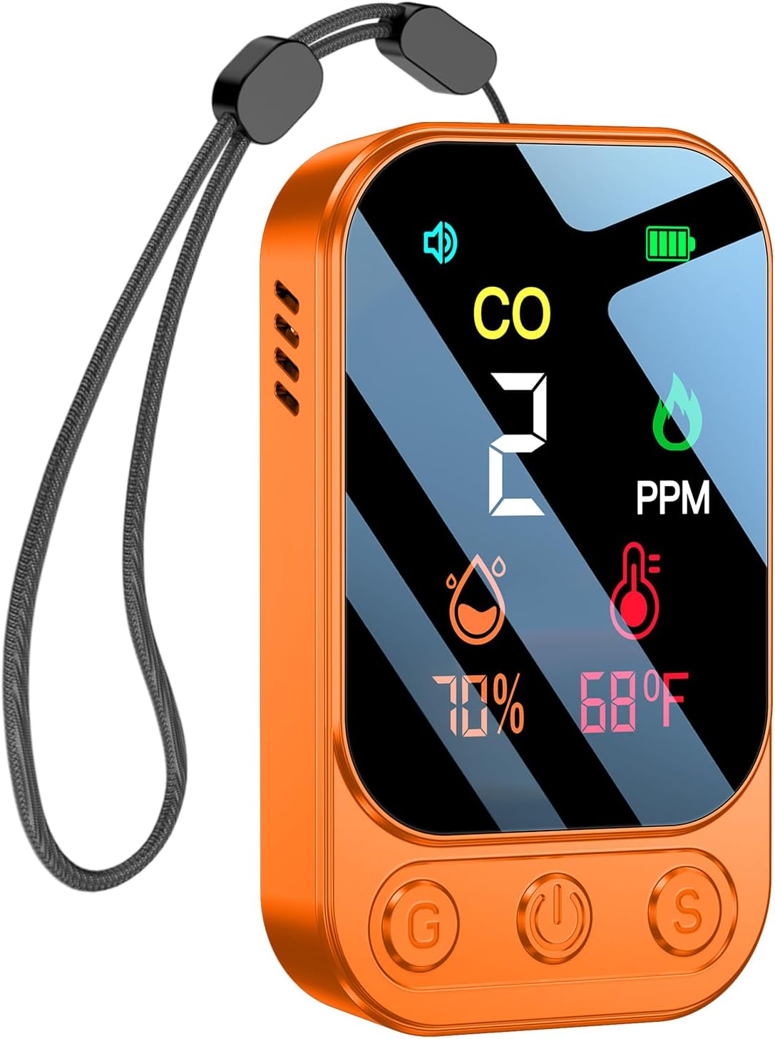 Detector portabil de CO – monoxid de carbon cu afisaj temperatura si umiditate, portabil pentru calatorii si camping, portocaliu