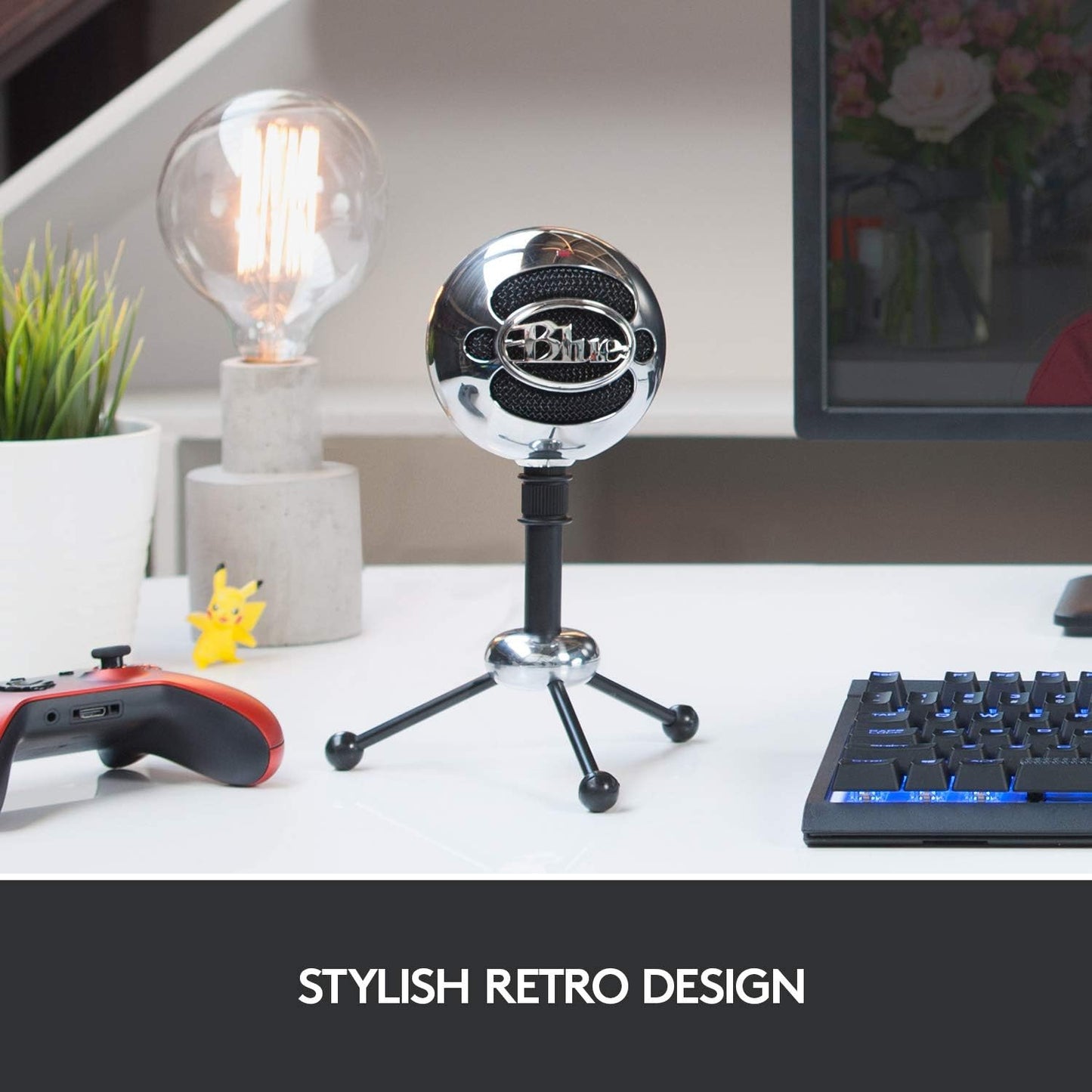 Microfon USB Blue Snowball, condensator cu 2 capsule, modele polare cardioid si omnidirectional, Plug & Play, pentru streaming, podcast, gaming, YouTube si conferinte, compatibil PC si Mac, argintiu