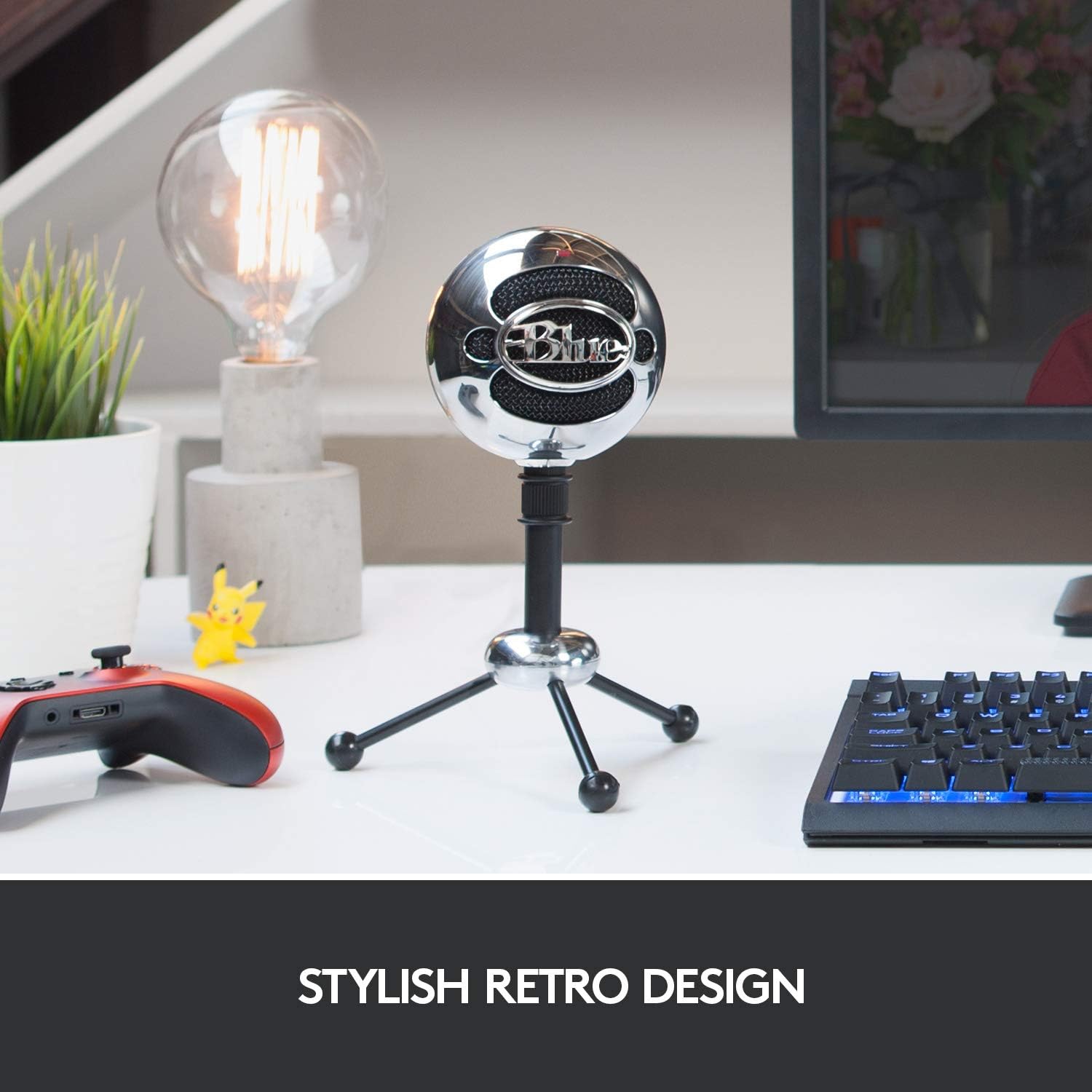 Microfon USB Blue Snowball, condensator cu 2 capsule, modele polare cardioid si omnidirectional, Plug & Play, pentru streaming, podcast, gaming, YouTube si conferinte, compatibil PC si Mac, argintiu