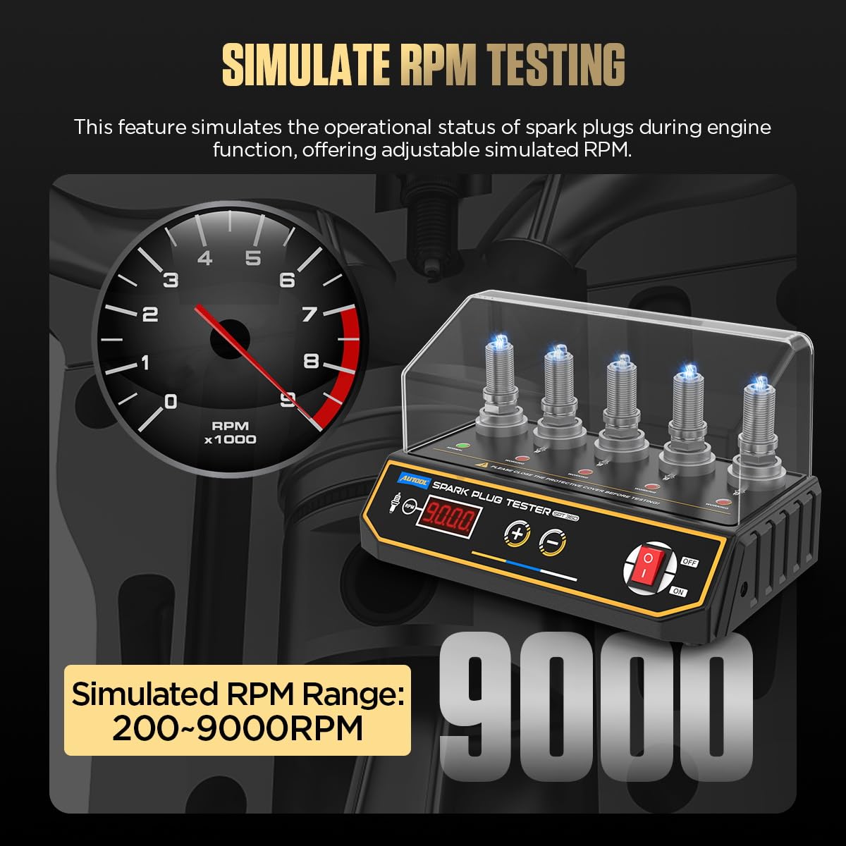 Tester bujii auto cu 5 socluri, AUTOOL SPT360, pentru masini si motociclete, 200-9000 RPM, cu display LCD, 20 x 15 x 10 cm, negru