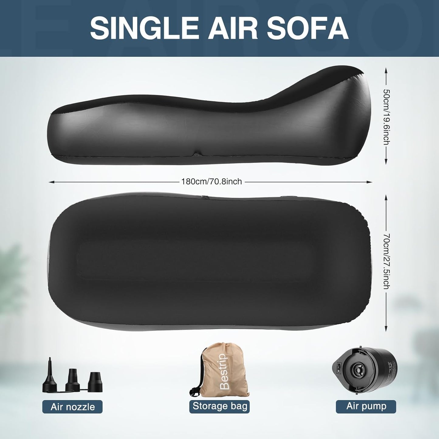 Sezlong gonflabil cu pompa de aer incorporata, 180 x 70 x 50 cm, capacitate 150 kg, design ergonomic, pentru camping, utilizare interior si exterior, negru