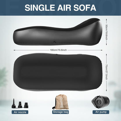 Sezlong gonflabil cu pompa de aer incorporata, 180 x 70 x 50 cm, capacitate 150 kg, design ergonomic, pentru camping, utilizare interior si exterior, negru