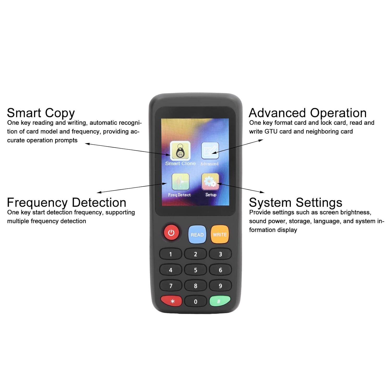 Set copiator si cititor RFID, NFC, 1 x Adaptor OTG, cu 5 x carduri, 5 x Breloc UID programabile, cu 7 frecvente programabile, 13,56 MHz, 125 KHz, 175 KHz, 250 KHz, 300 KHz, 375 KHz, 500 KHz, ecran LCD, negru