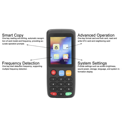 Set copiator si cititor RFID, NFC, 1 x Adaptor OTG, cu 5 x carduri, 5 x Breloc UID programabile, cu 7 frecvente programabile, 13,56 MHz, 125 KHz, 175 KHz, 250 KHz, 300 KHz, 375 KHz, 500 KHz, ecran LCD, negru