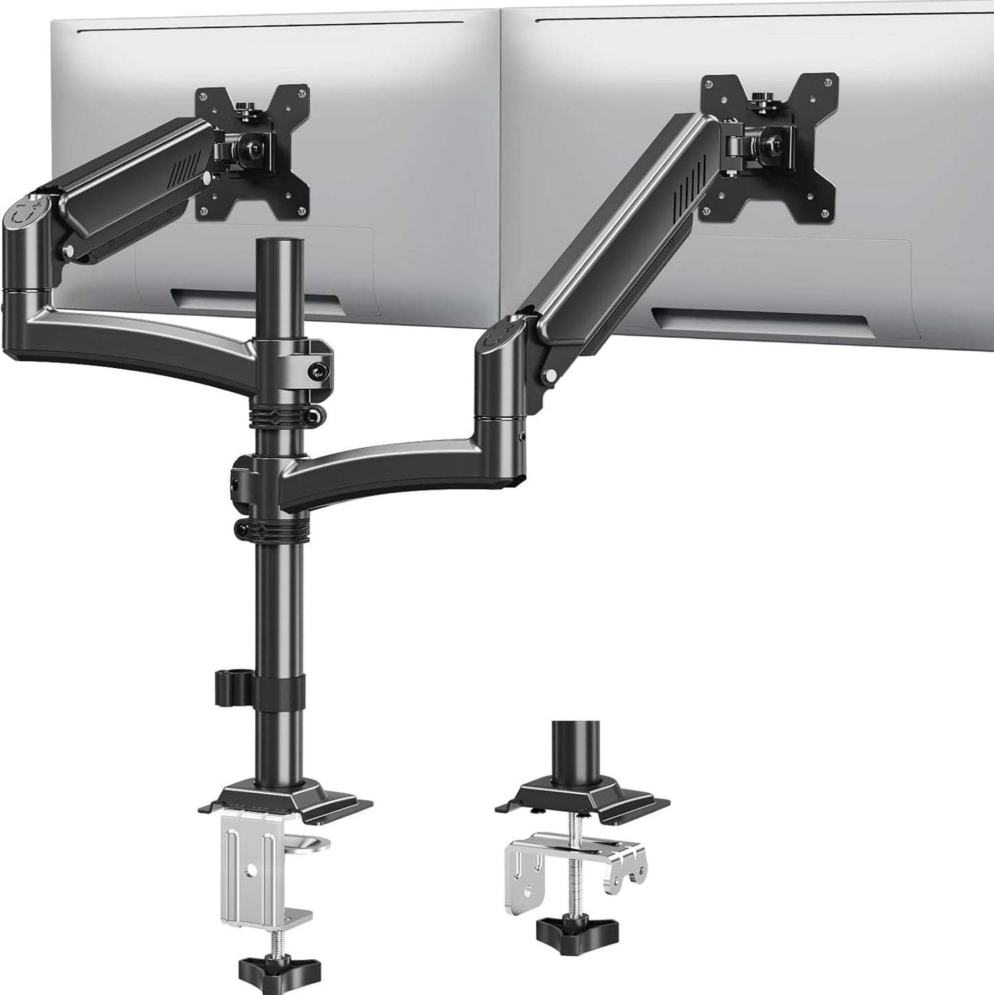 Suport 2 monitoare 26, 6-32 inch, VESA 75/100 mm, greutate suportata pana 10 kg, rotire 360°, inclinare 70°, inaltime reglabila, amortizor cu gaz integrat, prindere prin clema sau inel de montare, negru