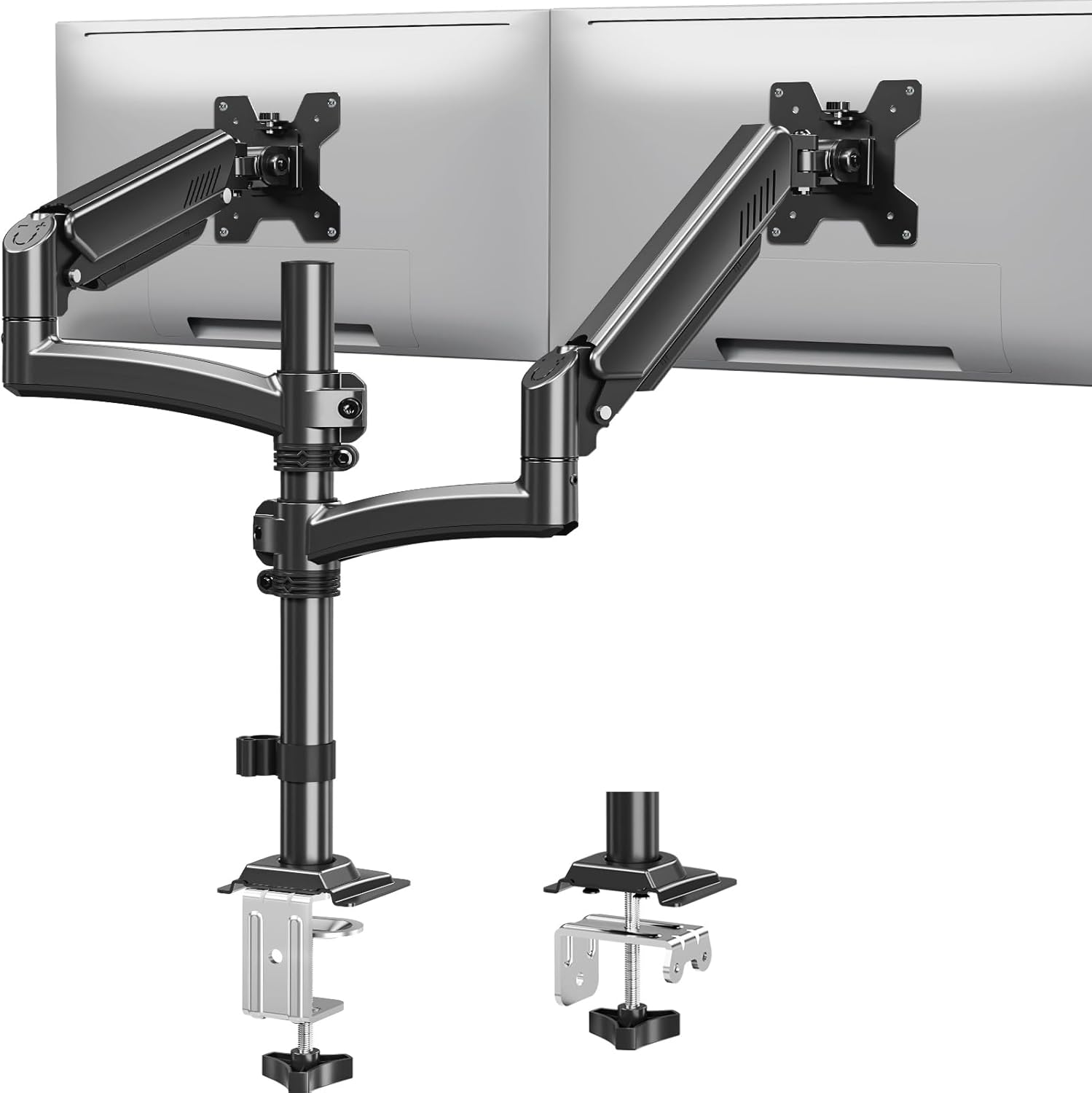 Suport 2 monitoare 26, 6-32 inch, VESA 75/100 mm, greutate suportata pana 10 kg, rotire 360°, inclinare 70°, inaltime reglabila, amortizor cu gaz integrat, prindere prin clema sau inel de montare, negru