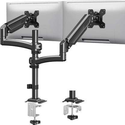 Suport 2 monitoare 26, 6-32 inch, VESA 75/100 mm, greutate suportata pana 10 kg, rotire 360°, inclinare 70°, inaltime reglabila, amortizor cu gaz integrat, prindere prin clema sau inel de montare, negru