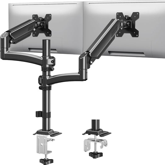 Suport 2 monitoare 26, 6-32 inch, VESA 75/100 mm, greutate suportata pana 10 kg, rotire 360°, inclinare 70°, inaltime reglabila, amortizor cu gaz integrat, prindere prin clema sau inel de montare, negru