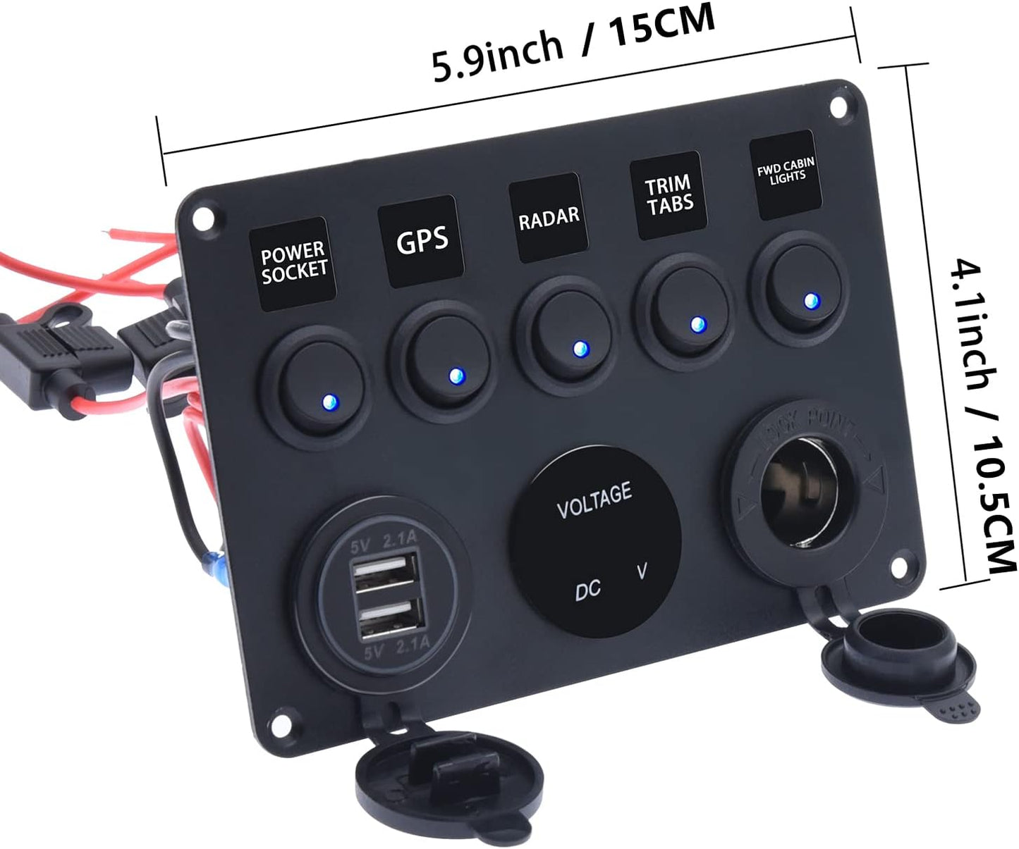 Panou comutator auto Sundiguer 12V/24V, 5 întrerupătoare LED, USB dublu 2.1A, priză brichetă, voltmetru digital, IP66 impermeabil, carcasă aluminiu, universal auto/UTV/RV