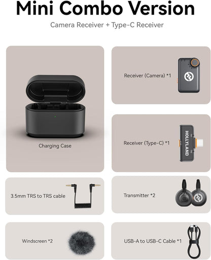 Microfon Lavalier Wireless Hollyland Lark M2S Mini Combo (Camera RX+Type-C RX) pentru Camera/iPhone/Android/Laptop, 7g Usor, Clip din Titan, Raza 300m, Vlogging, Streaming