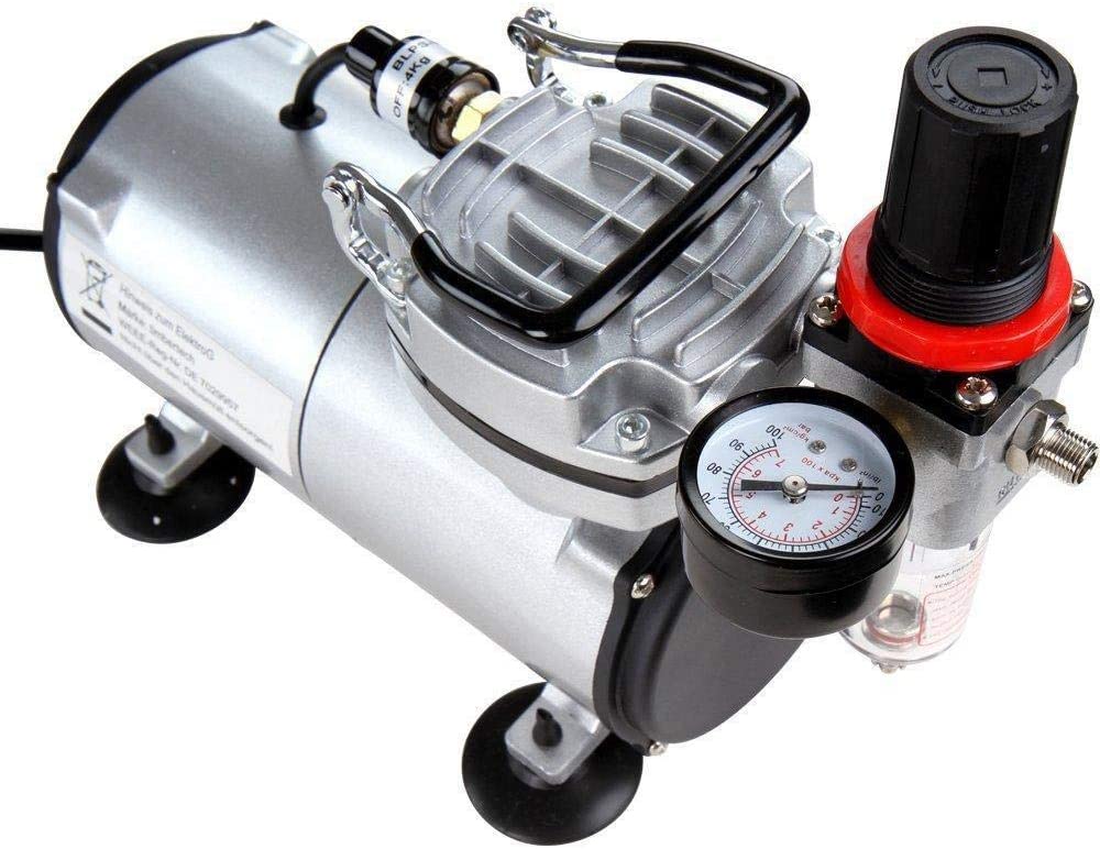 Set aerograf cu compresor cu regulator si filtru, airbrush cu pipete, furtun, si duze 0,2; 0,3; 0,5 mm, cu rezervor de 7 ml