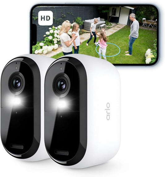 Camera De Securitate Exterioara Arlo Essential 2 Hd Alimentata Cu Baterie, Cu Wi-Fi, Wireless, Video 1080P, Vedere Nocturna Color, Lumina, Detector De Miscare, Sirena, Audio Bidirectional, Smart Home + Versiune De Proba A Planului Arlo Secure, Set De 2