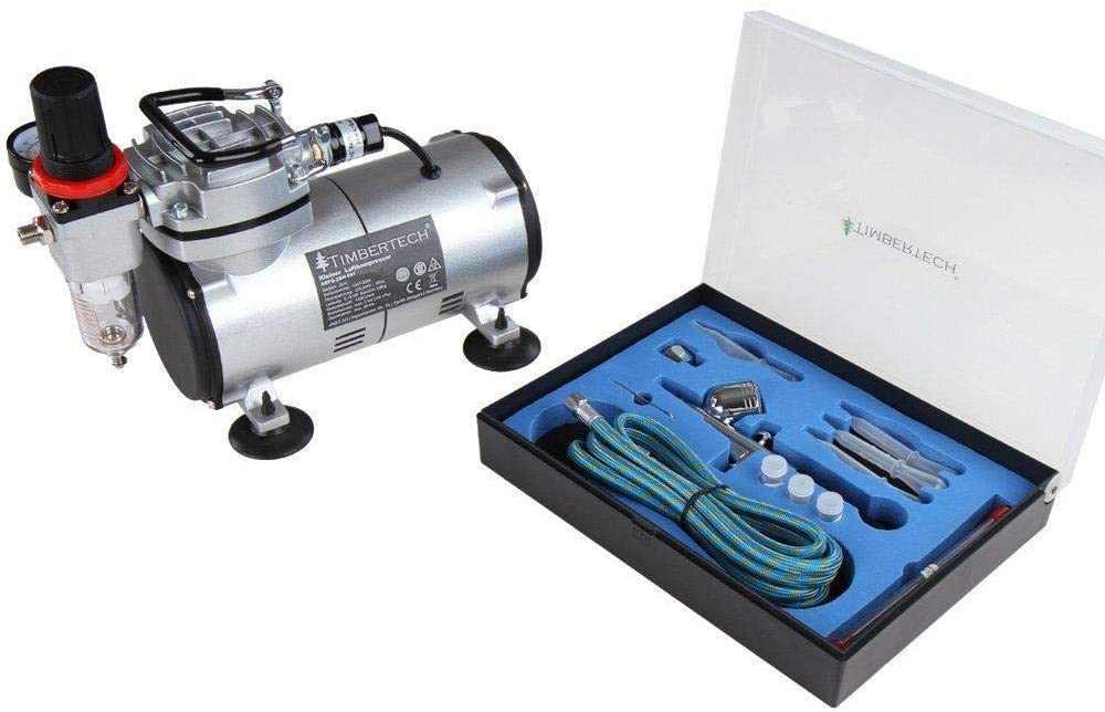 Set aerograf cu compresor cu regulator si filtru, airbrush cu pipete, furtun, si duze 0,2; 0,3; 0,5 mm, cu rezervor de 7 ml